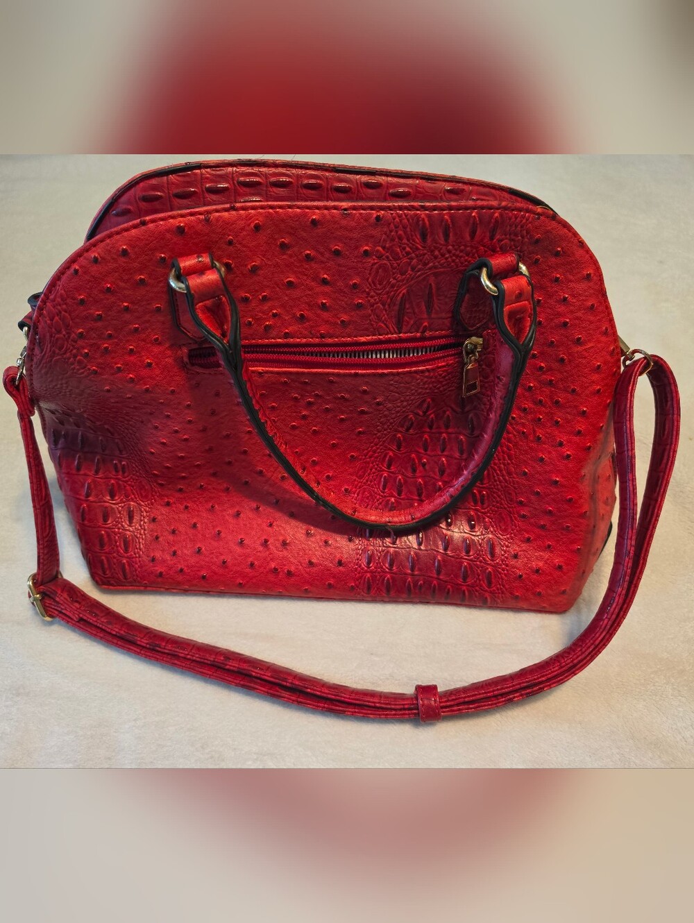Red Croc-Embossed Dome Satchel Handbag